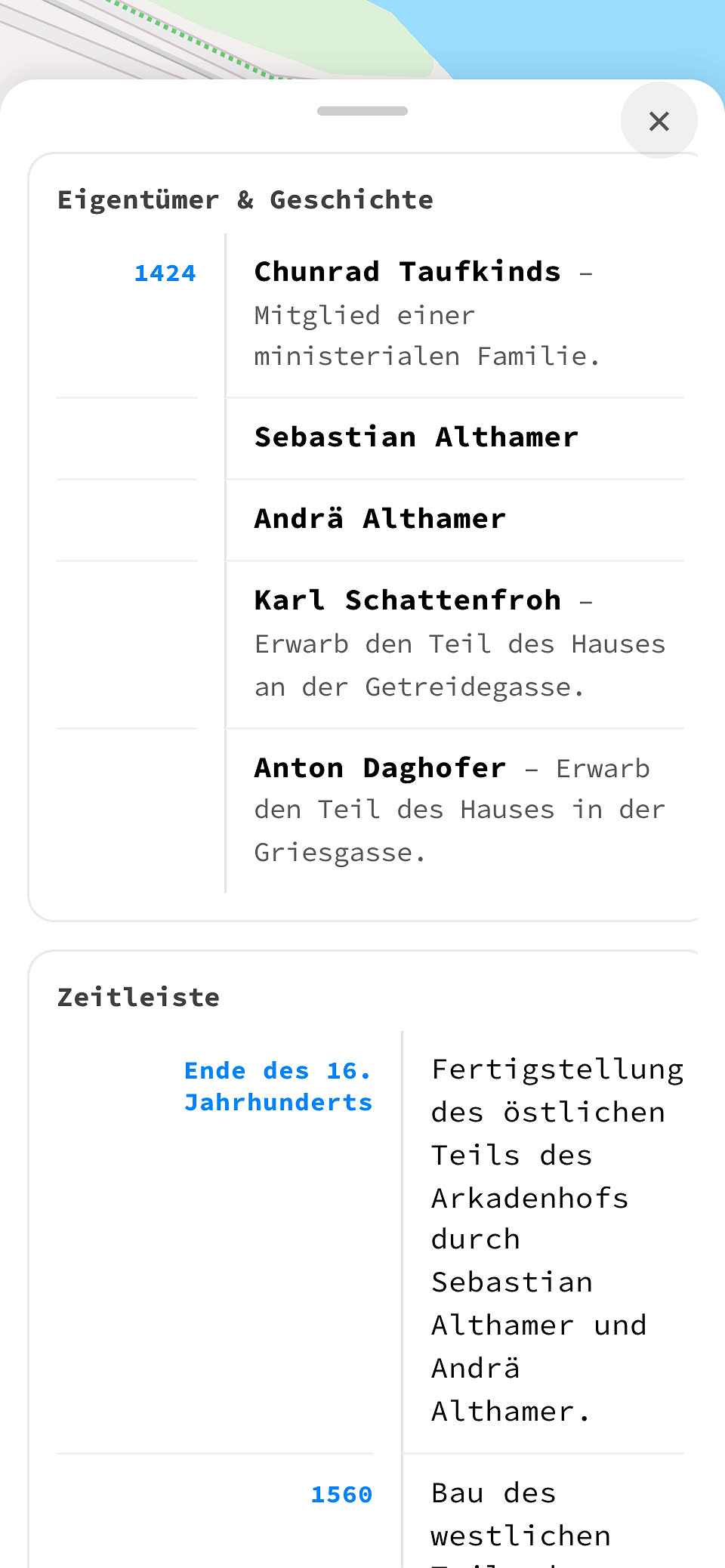 Die Karte „Eigentümer & Geschichte“ zu einem Salzburger Bürgerhaus: ab 1424 Chunrad Taufkinds, darunter Sebastian und Andrä Althamer, Karl Schattenfroh und Anton Daghofer, gefolgt vom Beginn der Zeitleiste mit dem Ausbau des Arkadenhofs.