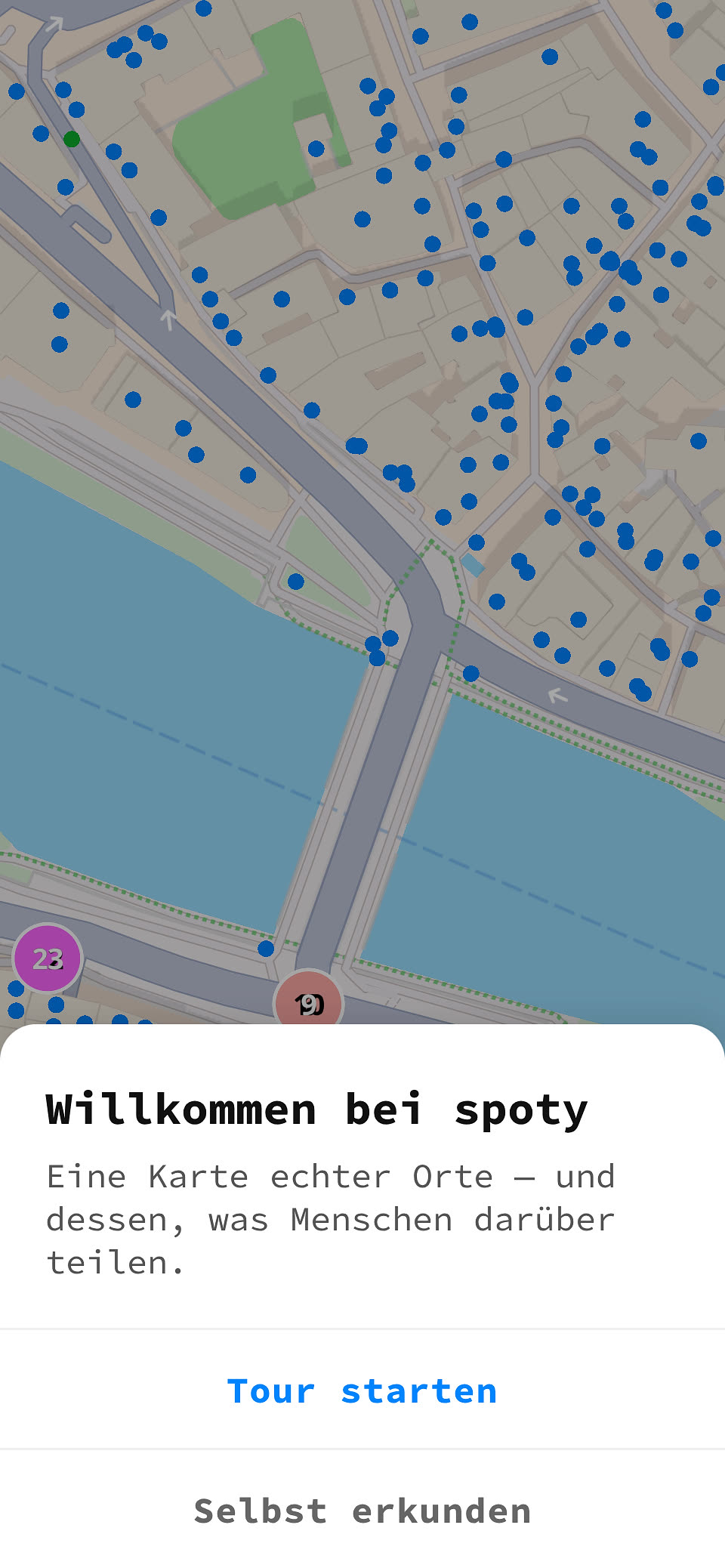 Der Willkommensbildschirm von spoty beim ersten Besuch: die Wahl zwischen dem geführten Rundgang und dem eigenständigen Erkunden.